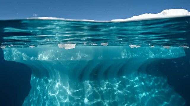 Split-level view showing the jagged submerged structure of a large iceberg below the surface while smaller floating ice pieces drift above the waterline polar, discovery, water