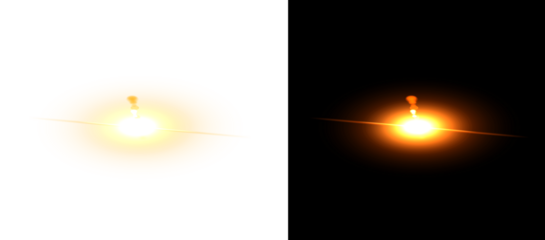 Abstract orange light effect with lens flare design element on a transparent background and against a black backdrop for visual overlay texture