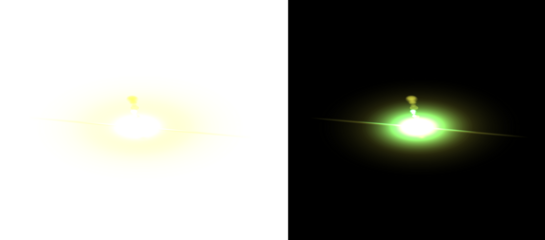 Abstract green light effect with lens flare design element on a transparent background and against a black backdrop for visual overlay texture