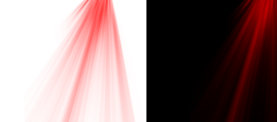 Vertical red light beams with atmospheric haze shown on transparent checkerboard and solid black backdrop for overlay