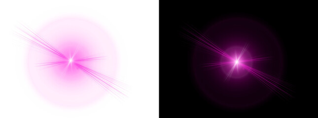 Bright magenta lens flare light effect with streaks on transparent and black background