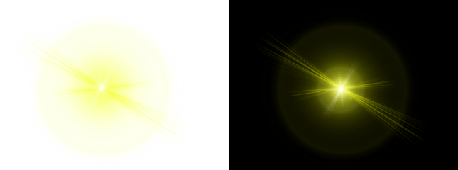 Abstract bright glowing lens flare light effect with beams and a halo on a transparent background and a black background
