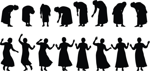 Set of black silhouettes of elderly women, senior ladies dancing and bending in various poses for aging and lifestyle design (20 words)