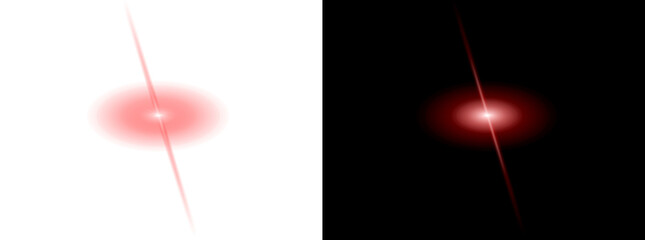 Intense red starburst light flare effect digital design element with strong central brightness and diagonal beam line abstract illumination graphic template