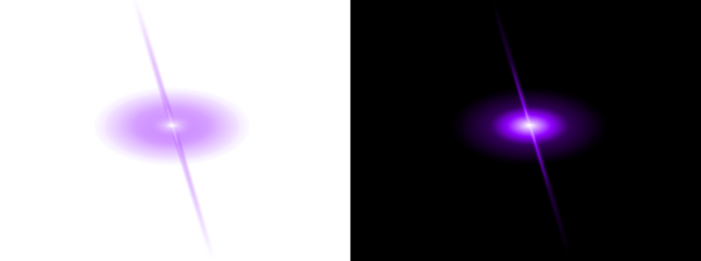 Purple light beam lens flare with circular glow isolated on transparent and dark background