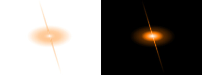 Golden orange amber starburst light flare digital effect with warm central glowing focus and linear...