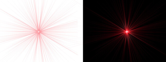 Red light lens flare effect with bright starburst rays and glowing sun beam isolated on transparent background for creative graphic projects