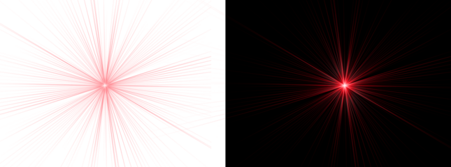 Red light lens flare effect with bright starburst rays and glowing sun beam isolated on transparent background for creative graphic projects