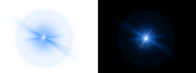vibrant blue star light burst with radial lines and bokeh on transparent and black backgrounds for motion graphics