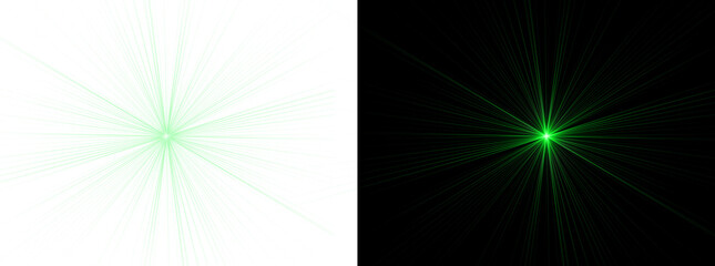 Green light lens flare effect with bright starburst rays and glowing sun beam isolated on...