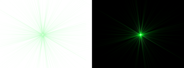 Green light lens flare effect with bright starburst rays and glowing sun beam isolated on transparent background for creative design work
