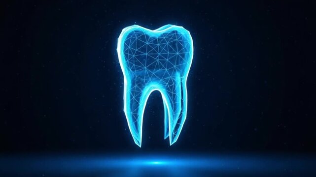 Glowing blue tooth with polygonal mesh on dark background with blue light
