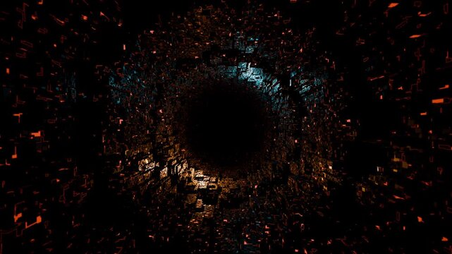 Smooth seamless loop animation of highly detailed futuristic tunnel made of glossy orange blue cubes with glow patterns and soft lights slowly moving around deep dark hole. Looped 3D render , 4K 60fps