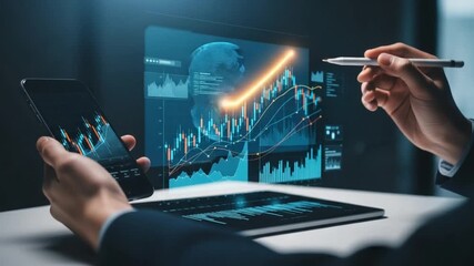 Businessperson analyzing financial data on smartphone and computer screens with graphs and charts - Powered by Adobe