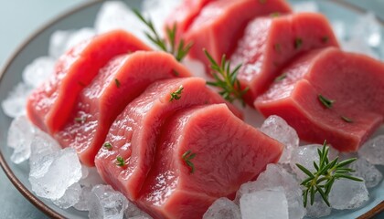 Fresh raw tuna loin steaks sit on crushed ice garnished with rosemary sprigs. These vibrant red fish portions are ideal for healthy meals and restaurant menus.