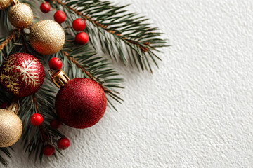 Christmas composition. Fir tree branches, golden and red decorations on white background. Christmas, winter, new year concept. Flat lay, top view, copy space
