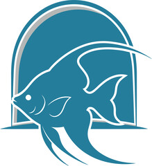 Fototapeta premium Stylized angelfish swimming gracefully with flowing fins against a serene arched background, captured in a clean graphic illustration, representing aquatic beauty and movement