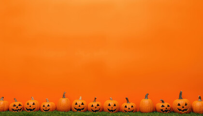 Jack o lantern lineup on grass with bright orange background, playful Halloween mood