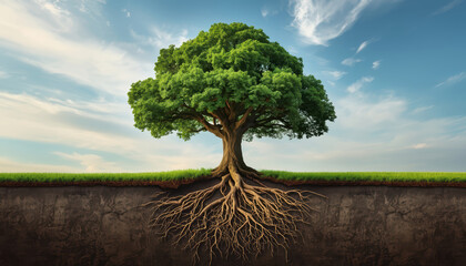 Lush green tree with exposed roots in soil, serene sky and grassy horizon, hopeful