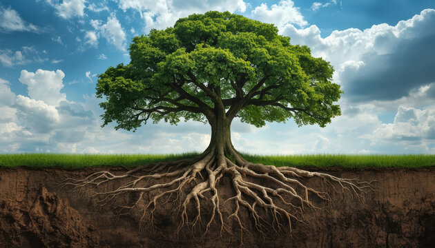Large oak tree with exposed root system and grassy horizon, serene sky