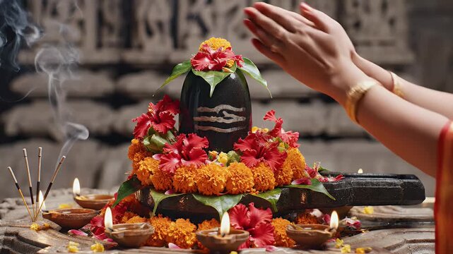 Lingam Archana Background with Ritual Flowers and Bilva Leaves Arranged Around Sacred Lingam