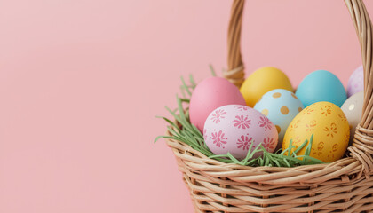 Colorful Easter egg basket pastel pink background joyful spring decoration