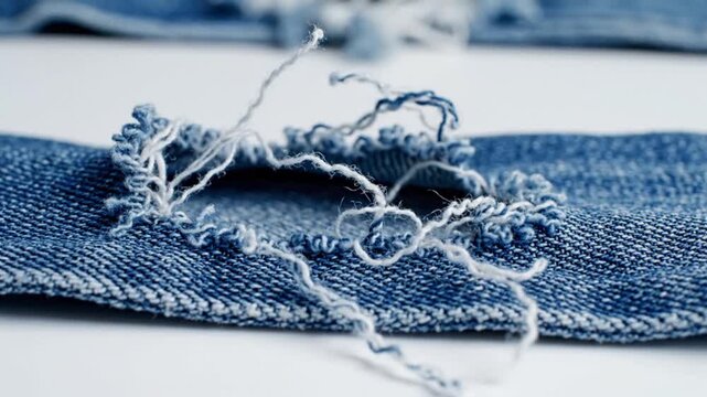 Close-up of Ripped Denim Fabric with Loose Threads.