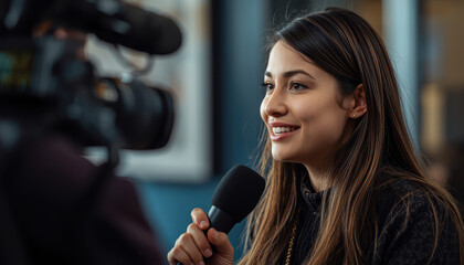 Female journalist smiling while holding microphone during interview