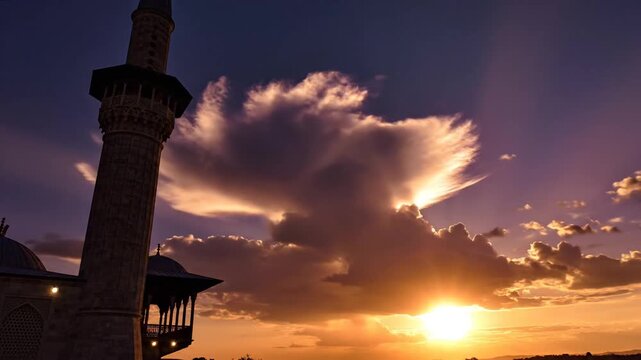 Majestic mosque minaret silhouetted against a dramatic sunset sky with glowing clouds and sun rays over a city skyline at dusk