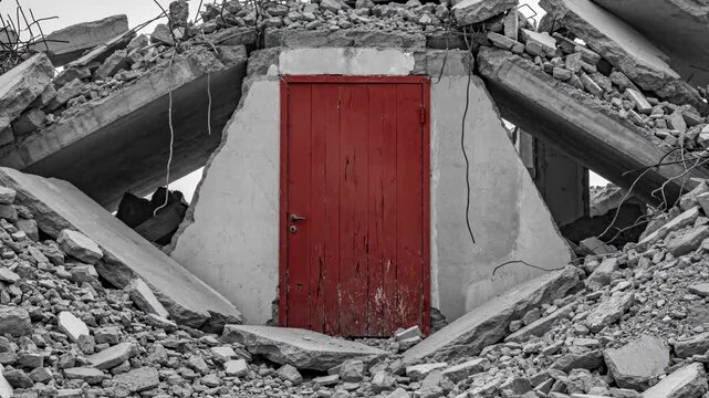 Static centered architectural shot highlighting the geometric contrast between the vibrant red door and surrounding grey monotone rubble and broken concrete debris ruin, entrance, geometry