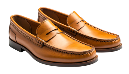 A pair of light brown leather slip-on shoes, showing detail, with a rounded toe, penny strap, and a visible sole