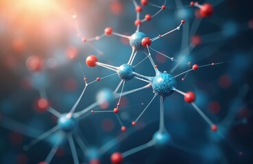 Abstract molecular structure with connected blue and red spheres and lines. Futuristic network forms complex lattice on dark background. Global connection theme visual concept.