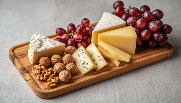 Soft cheese wedge, blue cheese slice, sliced semi hard cheese, grapes and walnuts on wooden board - Powered by Adobe