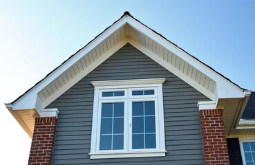 Double hung window with white frame set in grey vinyl siding. House gable and soffit visible. Brick accents flank the window. Clear blue sky above.