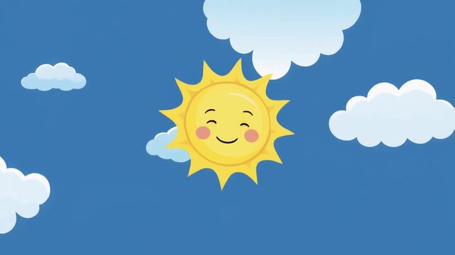 A cheerful cartoon sun with a smiling face in a blue sky with white clouds, depicting a bright and happy day.