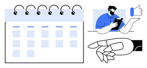 Task management, productivity, time management, business planning, approval processes, organization. A calendar, a person writing notes and a hand giving thumbs up. Task management and productivity