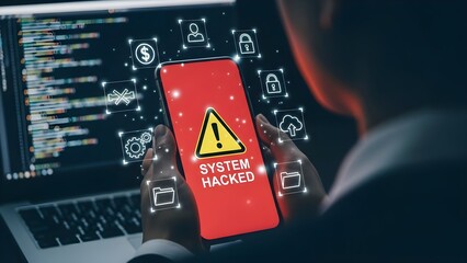 Close-up of a person holding a smartphone with a system hacked warning on the screen in front of a laptop displaying code in a dark room with a sense of urgency and danger.