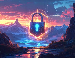 Neon padlock hovering over a serene mountain landscape at sunset