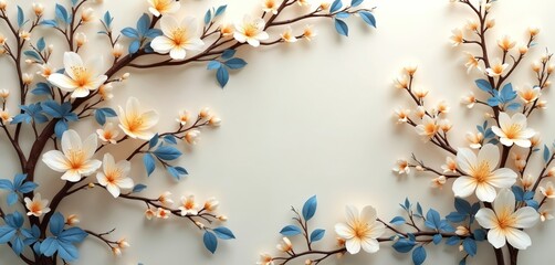 Branches with white orange flowers and blue leaves spread across background. Blossom tree design creates elegant, delicate springtime scene. Floral motif perfect for decor, art, websites.