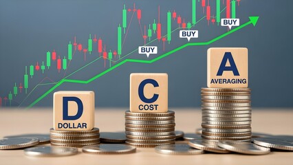 Stacks of coins with labeled blocks on top showing dollar cost averaging in front of a stock market graph with a green upward trend line on a blue background.