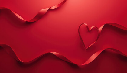 Red ribbon waves forming heart shape on red background evoking romantic mood