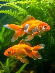 Two Colorful Goldfish Swimming in Lush Aquarium with Green Aquatic Plants