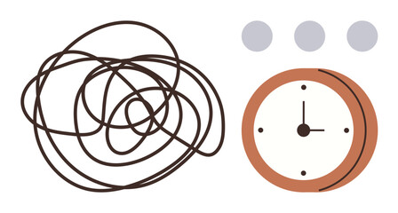 Tangled line representing chaos beside a clock showing time pressure. Ideal for stress, procrastination, time management, decision making, mental health, work-life balance, simple flat metaphor