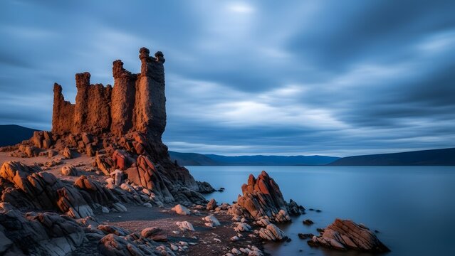 Dramatic rock formations on a serene lake shore under a stormy sky - Powered by Adobe