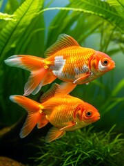 Two Colorful Goldfish Swimming in Lush Aquarium with Green Aquatic Plants
