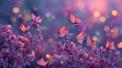 Whimsical Butterflies Dancing on Pink Cherry Blossoms with Bokeh Lights