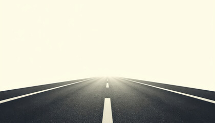 Minimal winding road stretching toward bright horizon, calm lonely travel mood