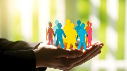 A person's cupped hands cradling colorful paper cutout people against a blurred green and white background with natural light.