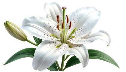 Elegant white lily blossom with speckled petals, vibrant green leaves, and a bud