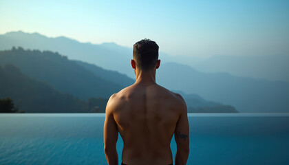 Muscular man with toned back standing by infinity pool overlooking misty mountain landscape